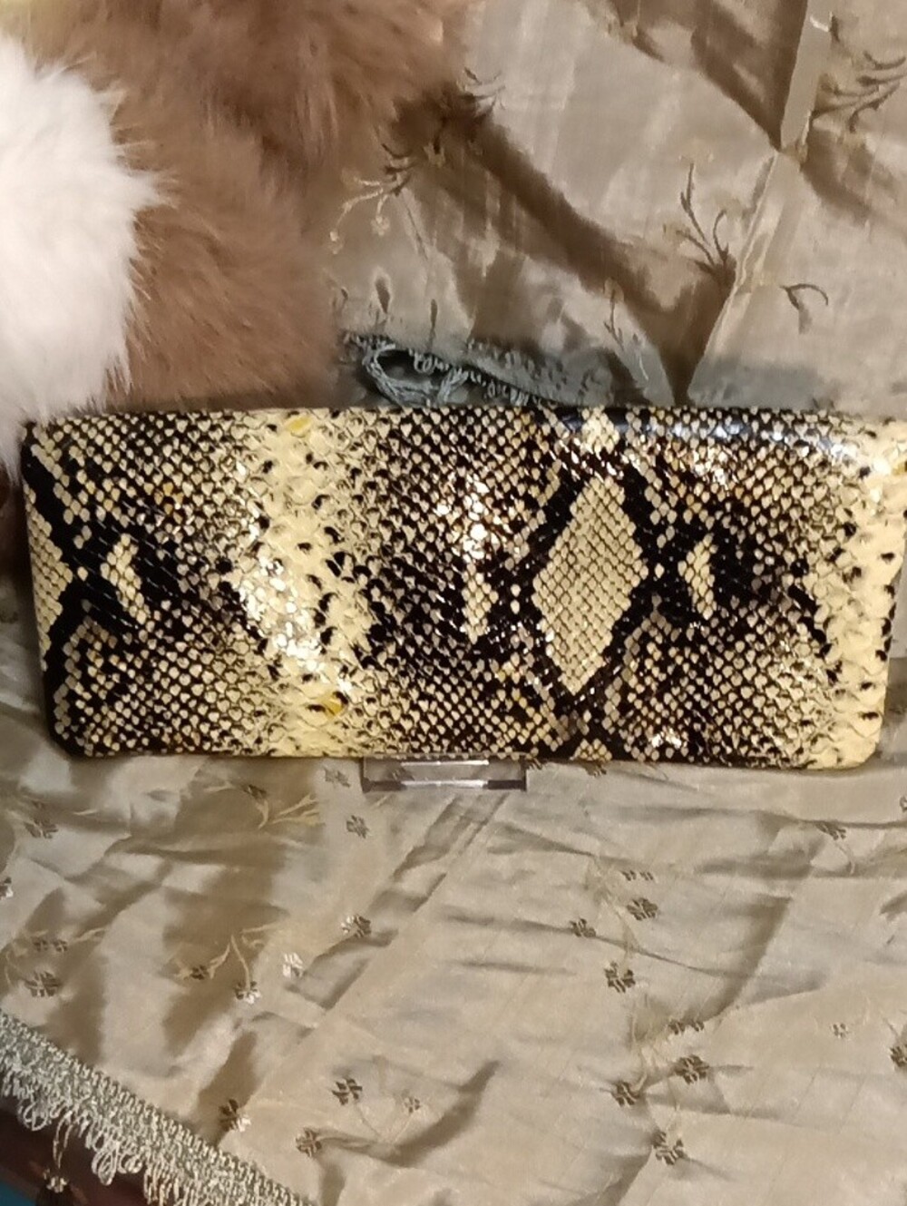 Henri Bendel Snake-Print Foldover Clutch with Tassel - Black & Tan - Picture 2 of 9